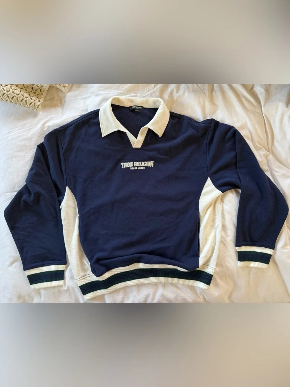 NWOT True Religion Navy and White Boxy Rugby-Style Pullover